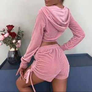 Zip Up Hooded Velvet Sweatshirt & Shorts Set